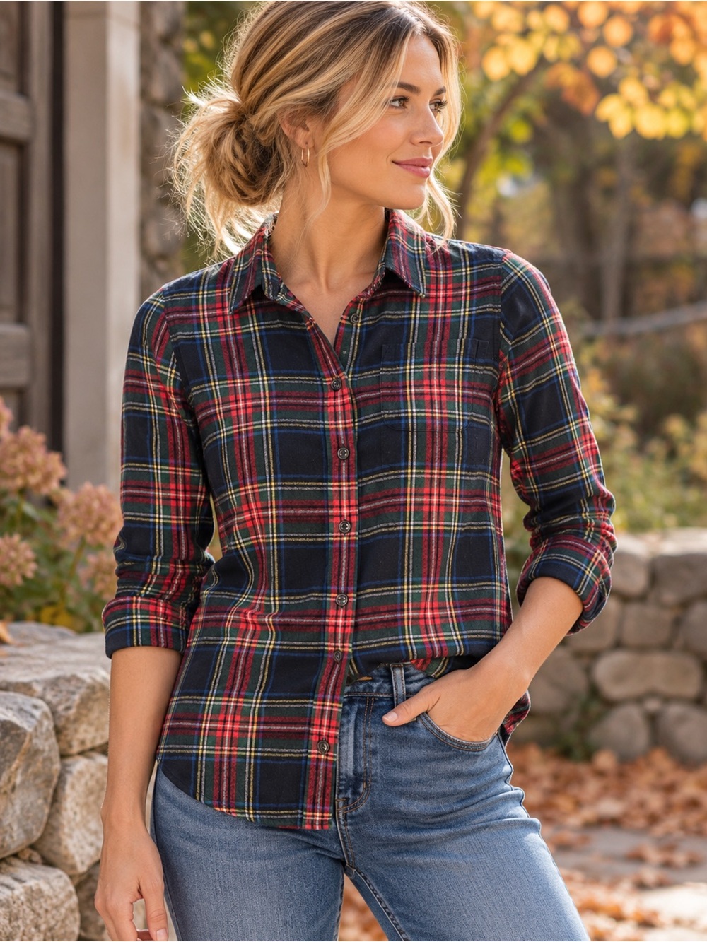 L.L.Bean Slightly Fitted Tartan Plaid Flannel Shirt 100% Cotton XS